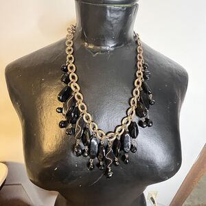 Vintage Black Glass Beaded Wire Dangle Bauble Gold Tone Costume Necklace Jewelry